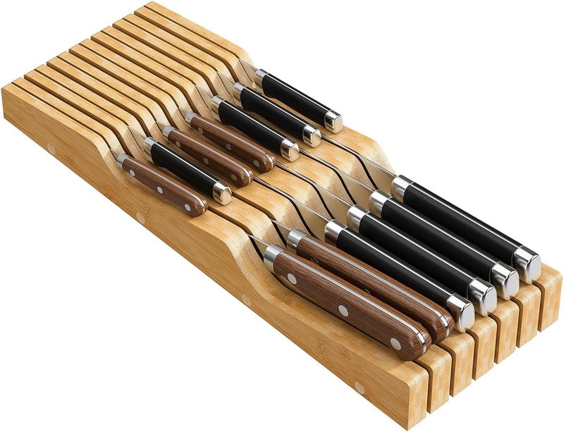 Wieghda Bamboo In-Drawer Knife Block for 13 Knives(Not Included), Knife Drawer Organizer,Knife Holder Countertop,Block Knife Storage Organizer for Kitchen - Image 1